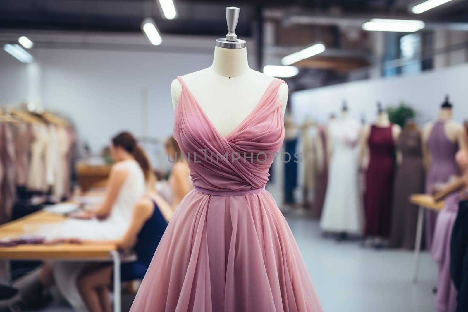 A beautiful lilac evening dress on a mannequin in a fashion salon, atelier. Generated by artificial intelligence by Vovmar
