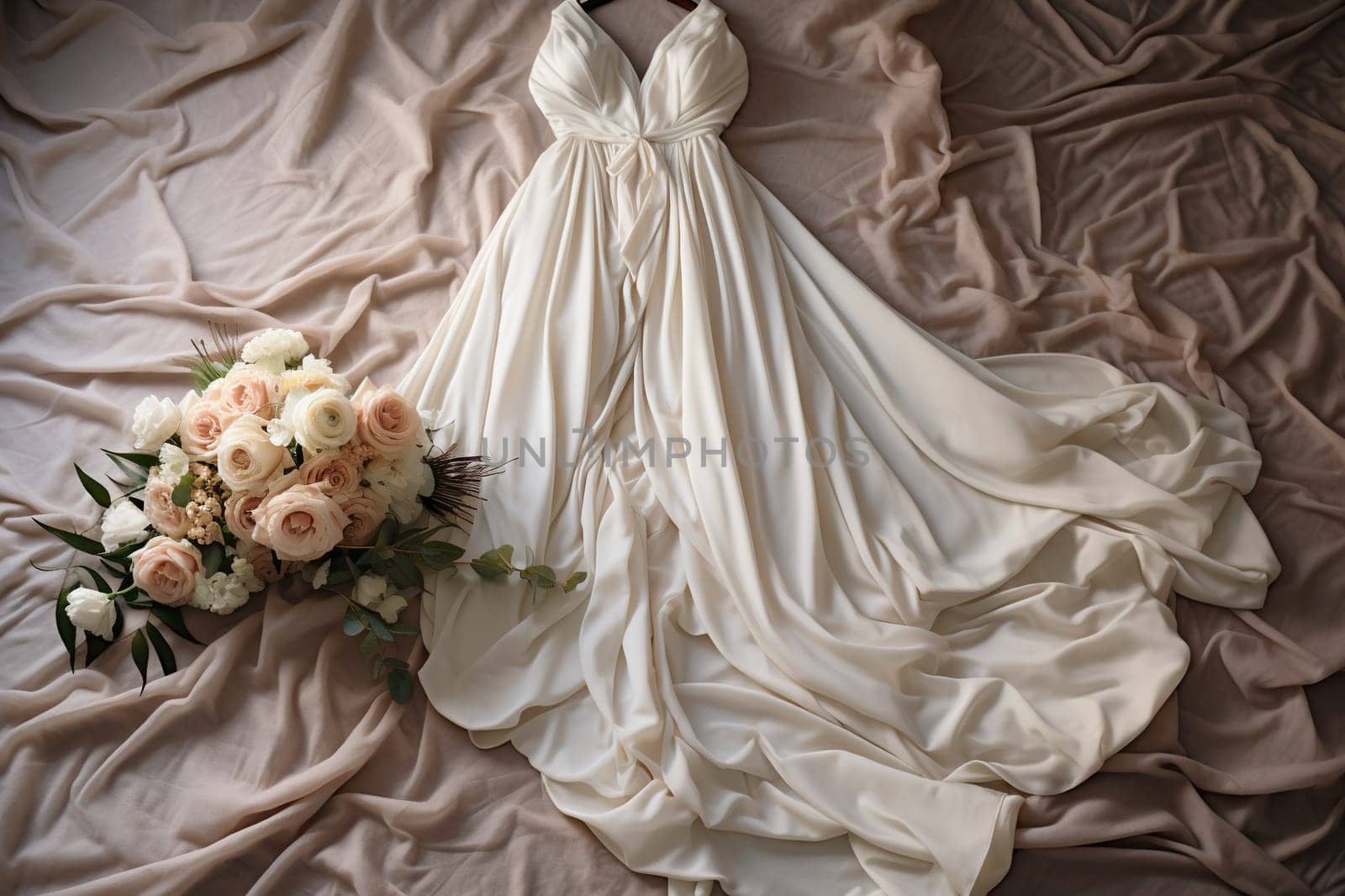 Elegant wedding dress lies on bed. Wedding concept. Generated by artificial intelligence by Vovmar
