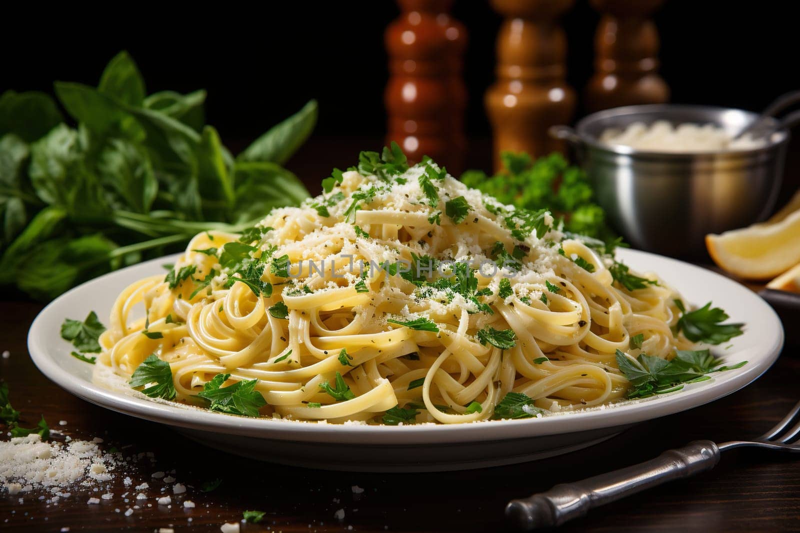 Homemade Italian spaghetti with herbs and parmesan.