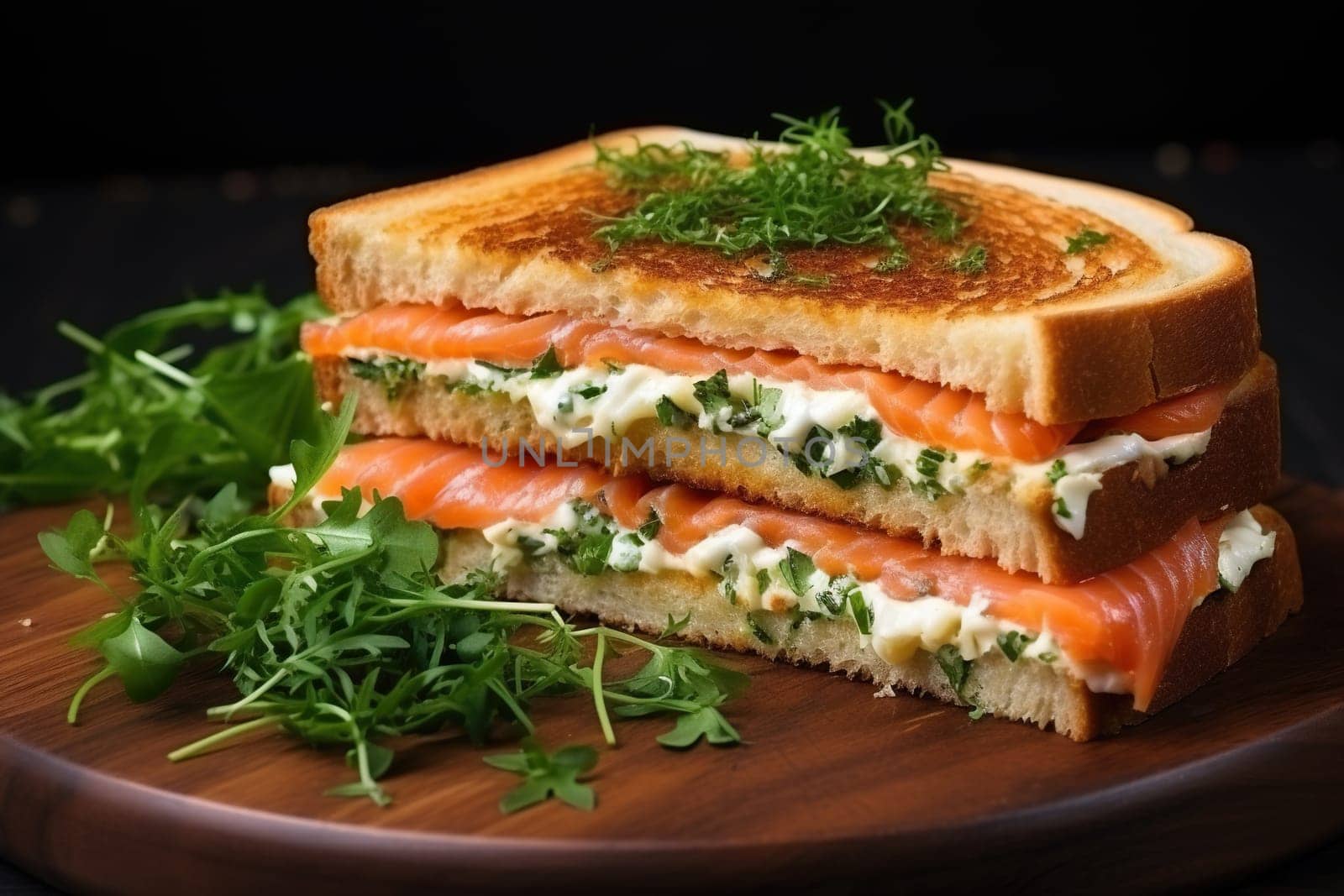 Sandwich with salmon and greens on a wooden tabletop.