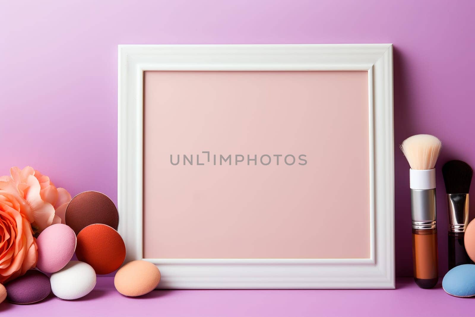 top view mockup cosmetic items with on copy-space pastel colored table. by Manastrong