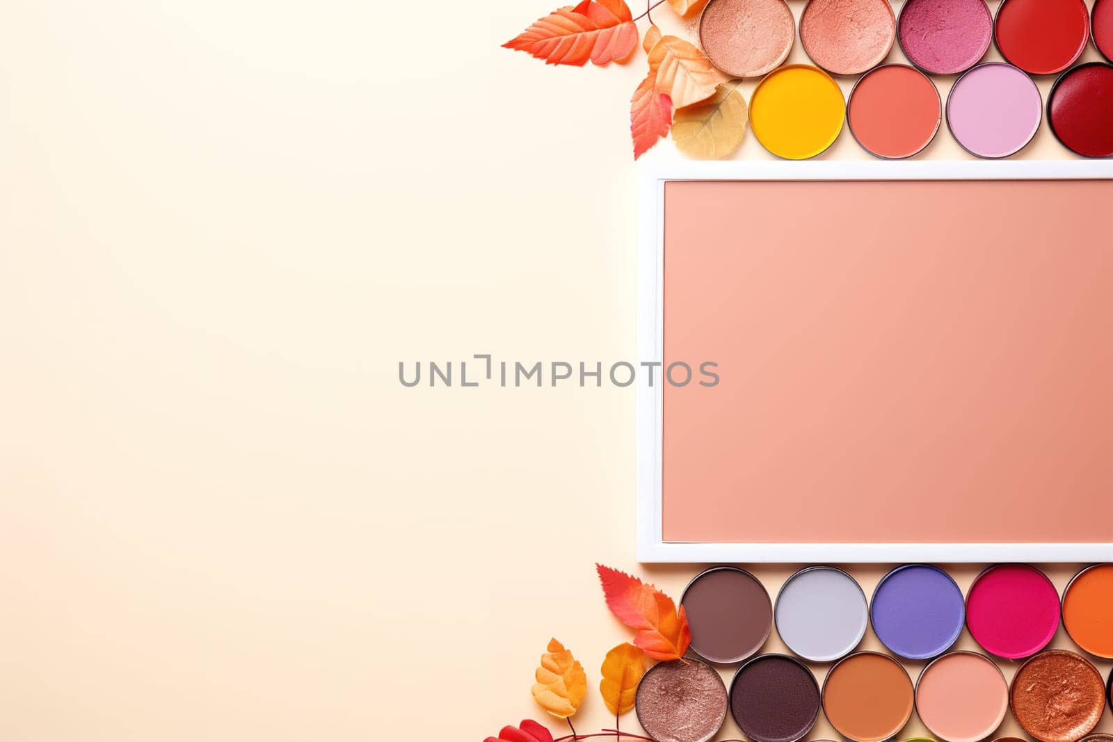 top view mockup cosmetic items with on copy-space pastel colored table. by Manastrong