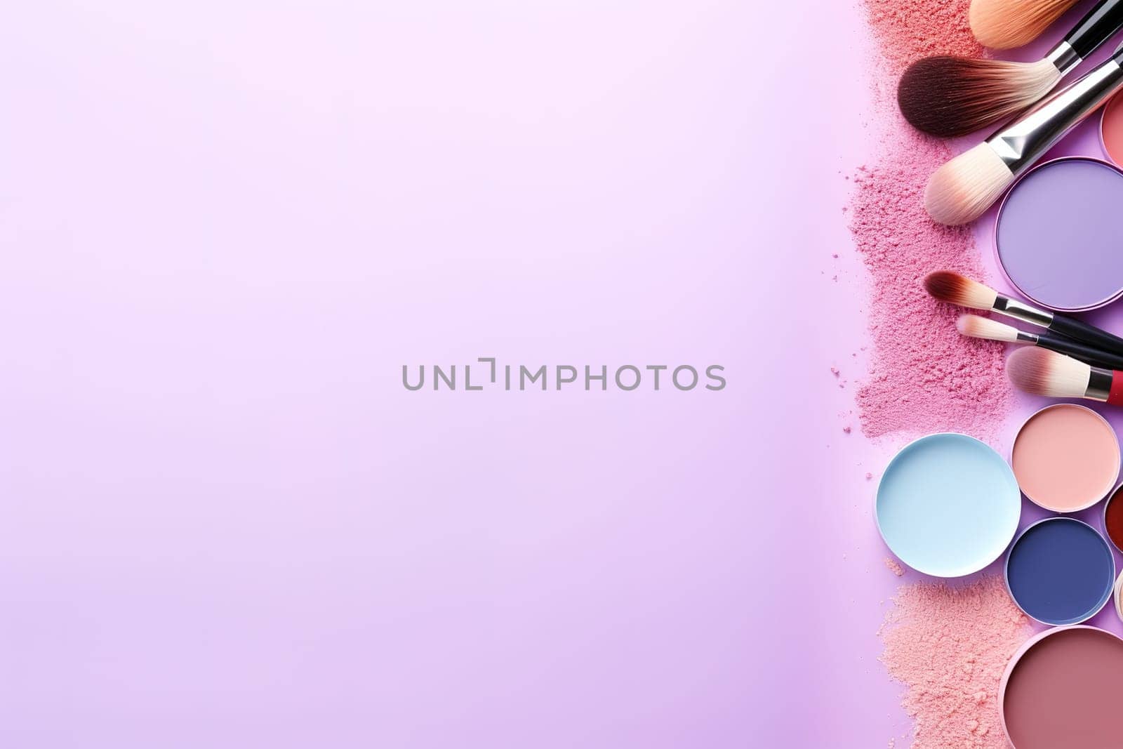 top view mockup cosmetic items with on copy-space pastel colored table. by Manastrong