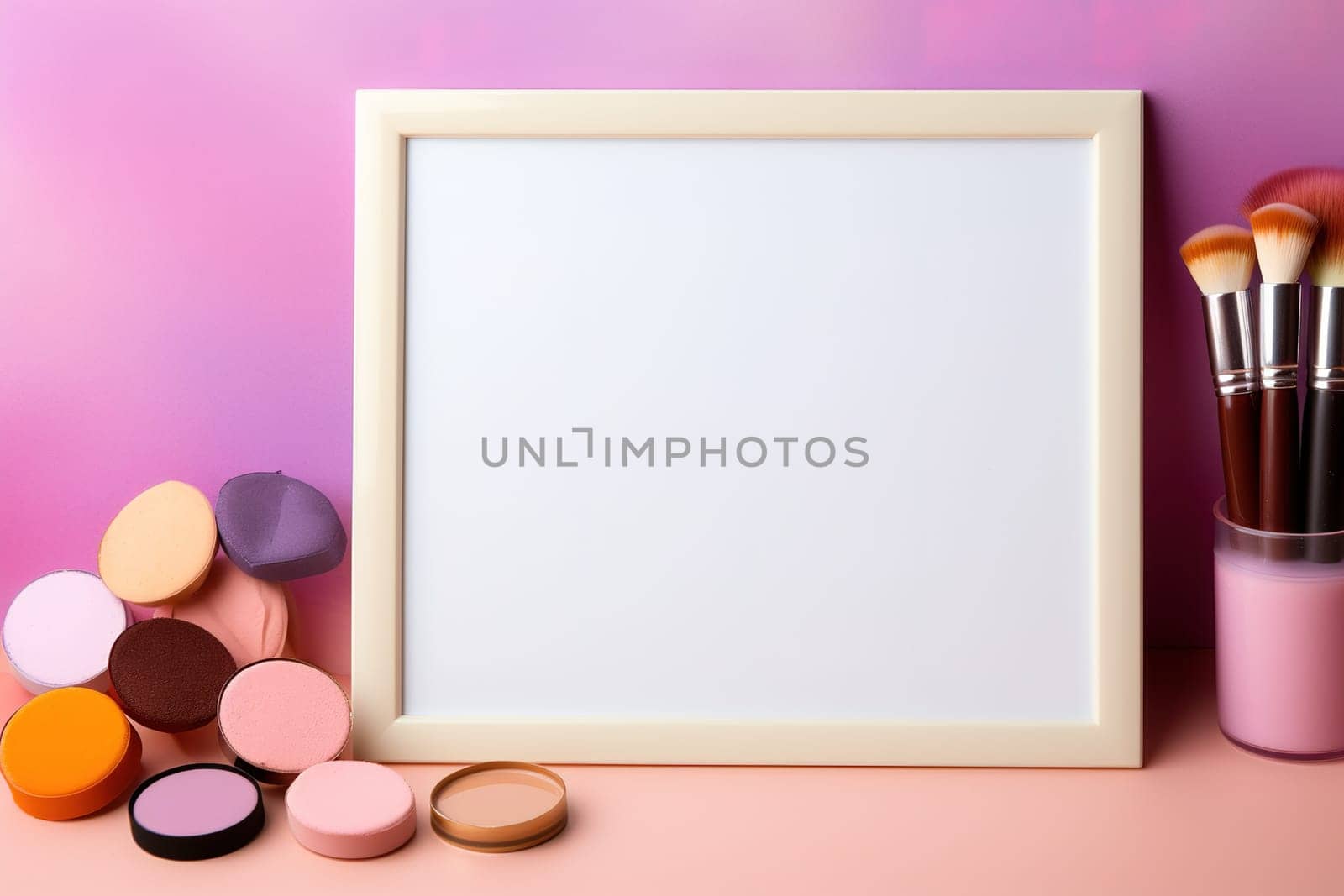 top view mockup cosmetic items with on copy-space pastel colored table. by Manastrong