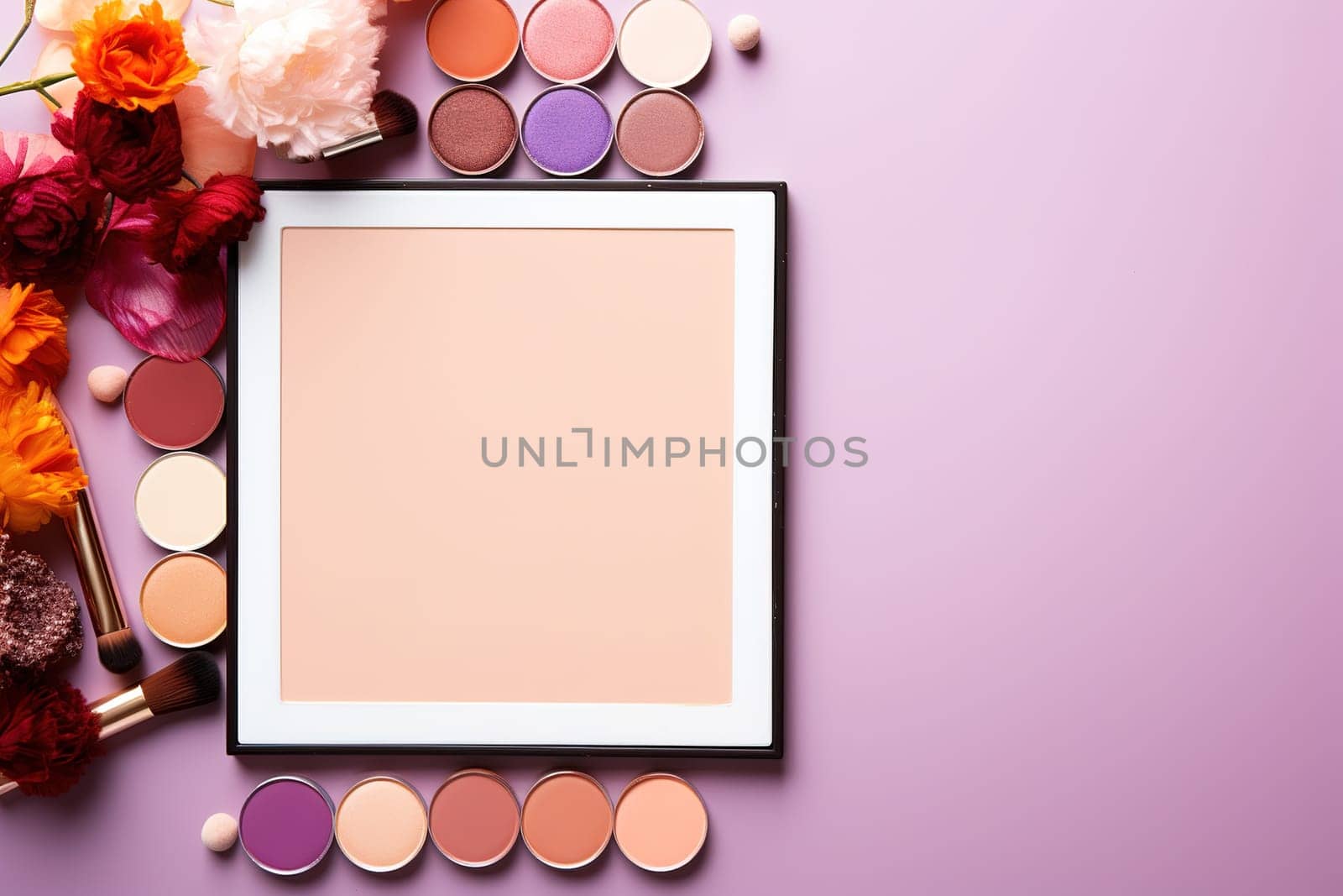 top view mockup cosmetic items with on copy-space pastel colored table. by Manastrong