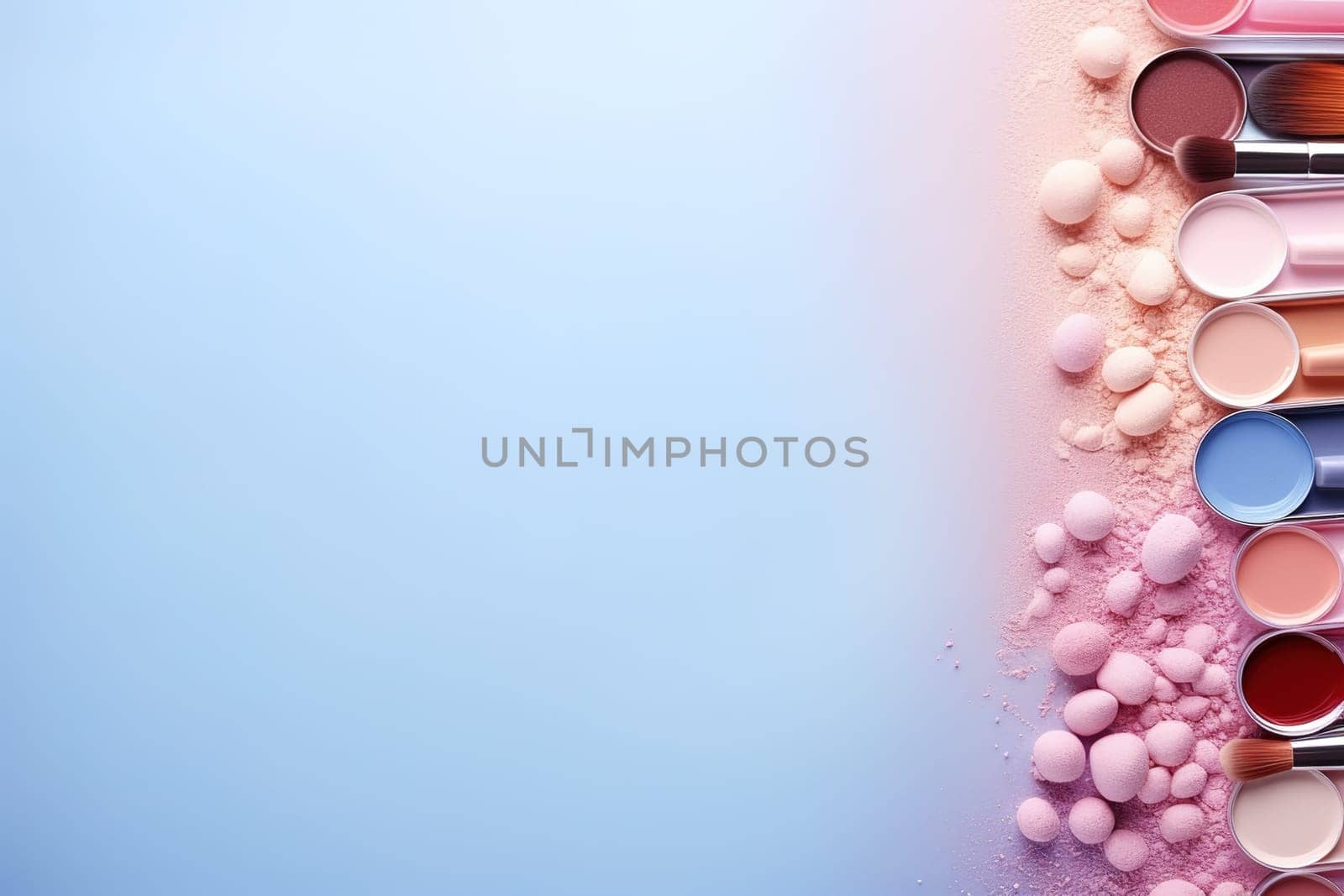 top view mockup cosmetic items with on copy-space pastel colored table