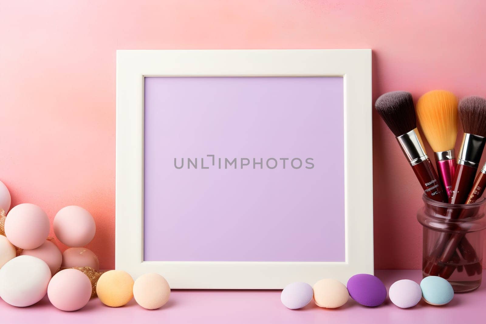 top view mockup cosmetic items with on copy-space pastel colored table. by Manastrong