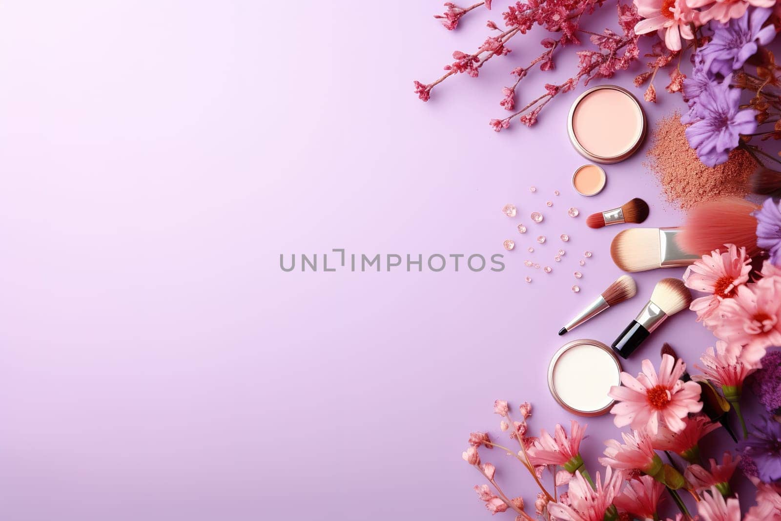 top view mockup cosmetic items with on copy-space pastel colored table