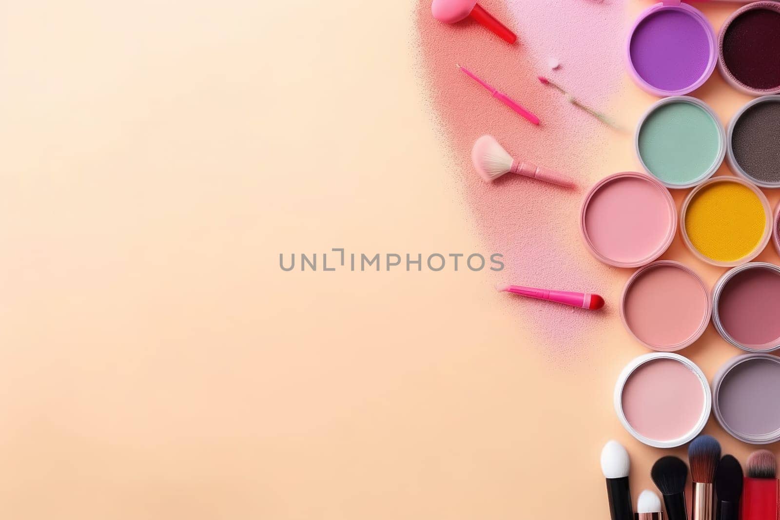 top view mockup cosmetic items with on copy-space pastel colored table