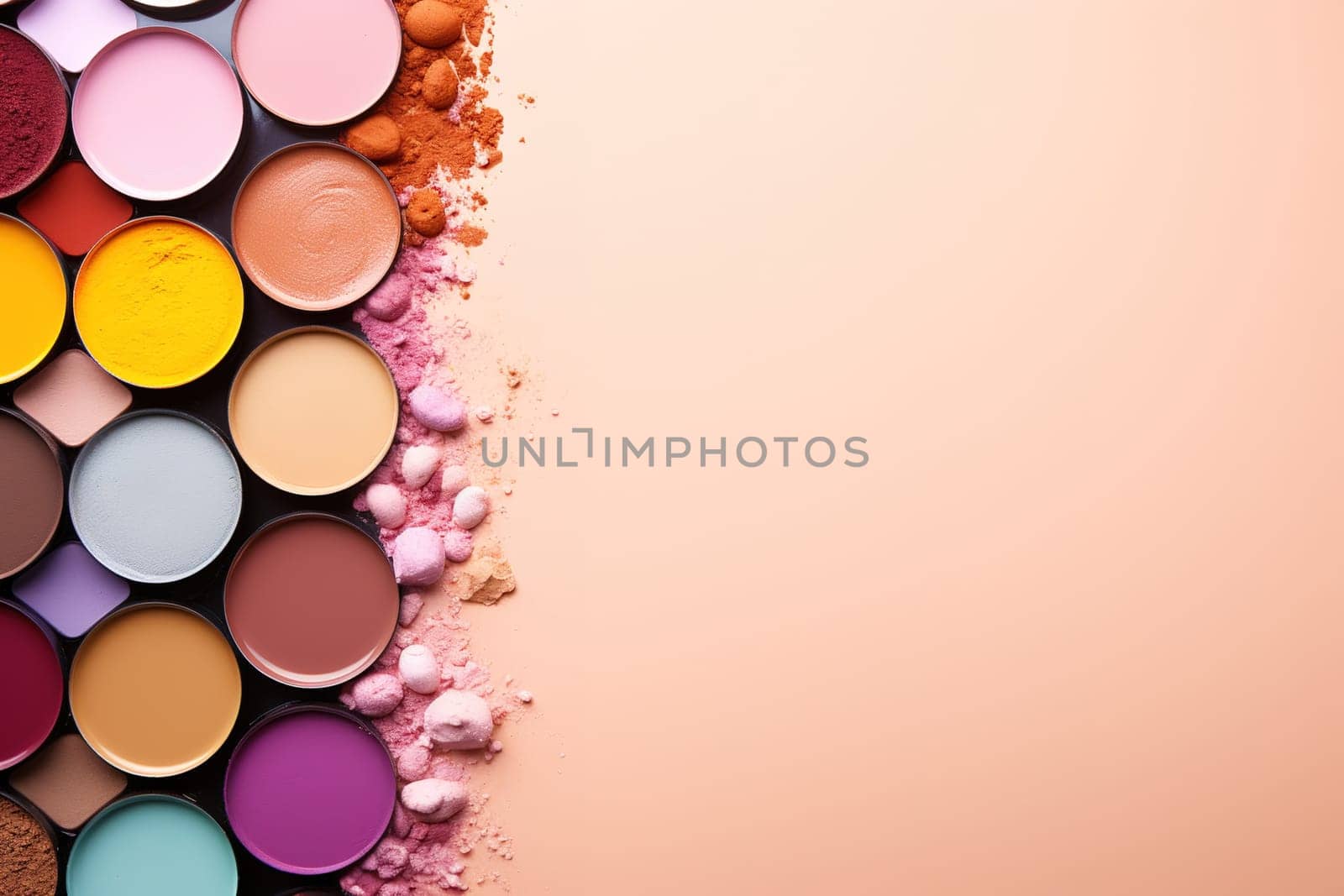 top view mockup cosmetic items with on copy-space pastel colored table. by Manastrong