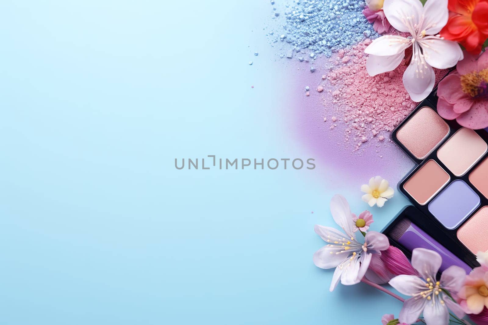 top view mockup cosmetic items with on copy-space pastel colored table. by Manastrong