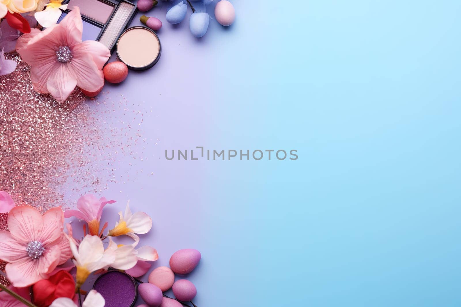 top view mockup cosmetic items with on copy-space pastel colored table. by Manastrong