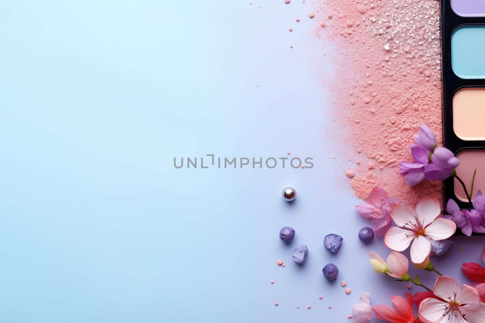 top view mockup cosmetic items with on copy-space pastel colored table. by Manastrong