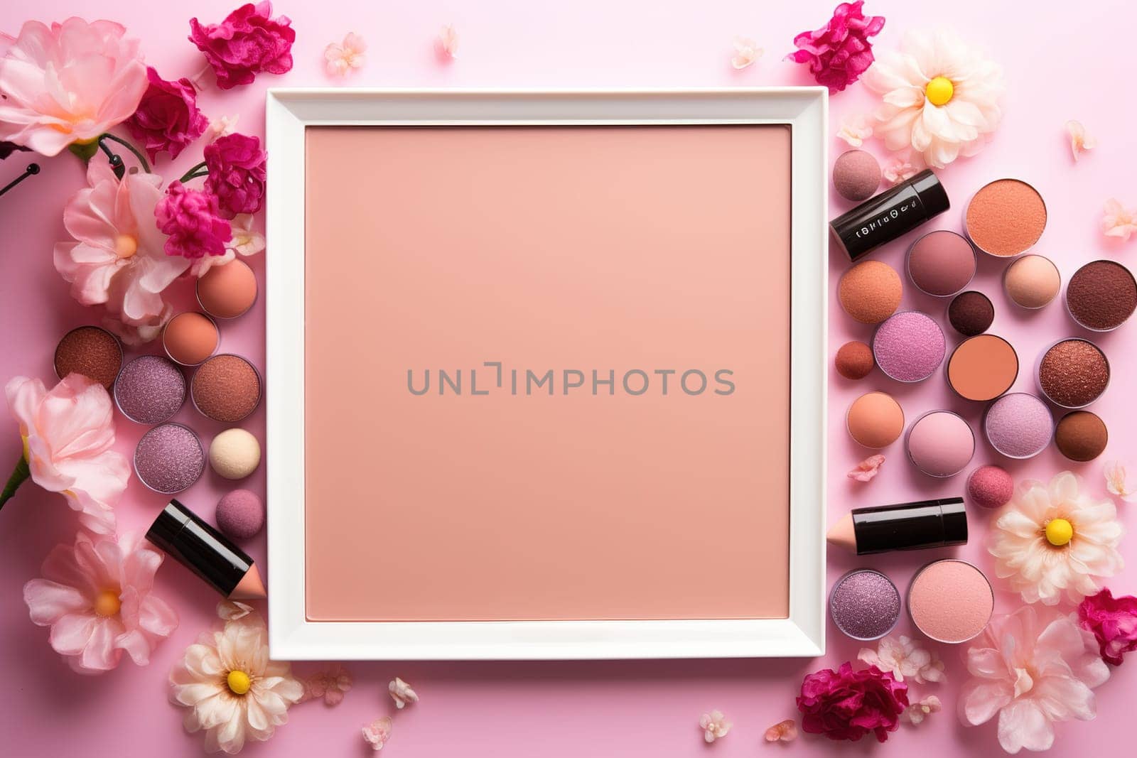 top view mockup cosmetic items with on copy-space pastel colored table. by Manastrong