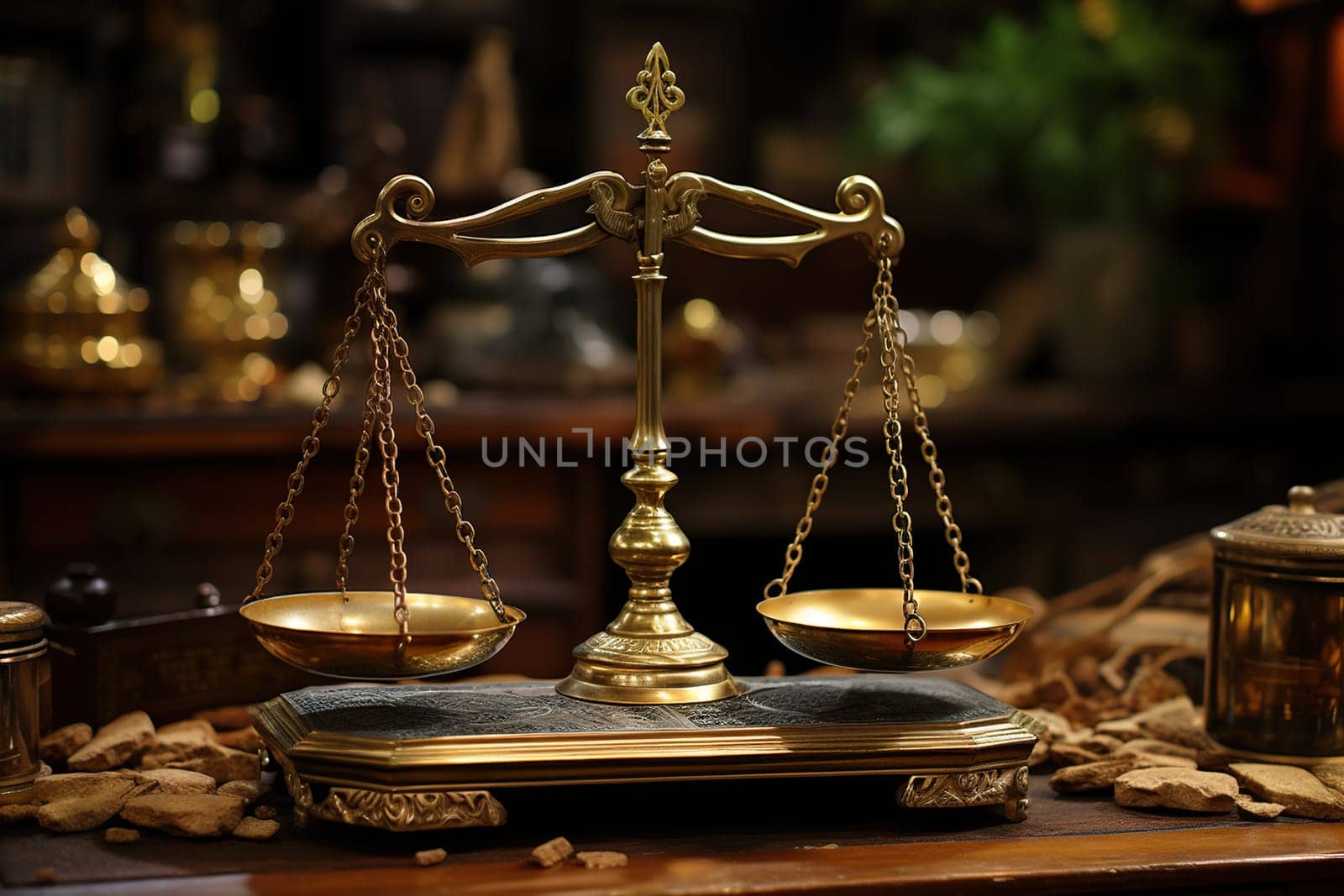 Golden scales of justice on a wooden table with a blurred background.