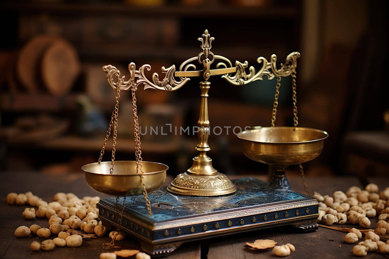 Golden scales of justice on a wooden table with a blurred background.