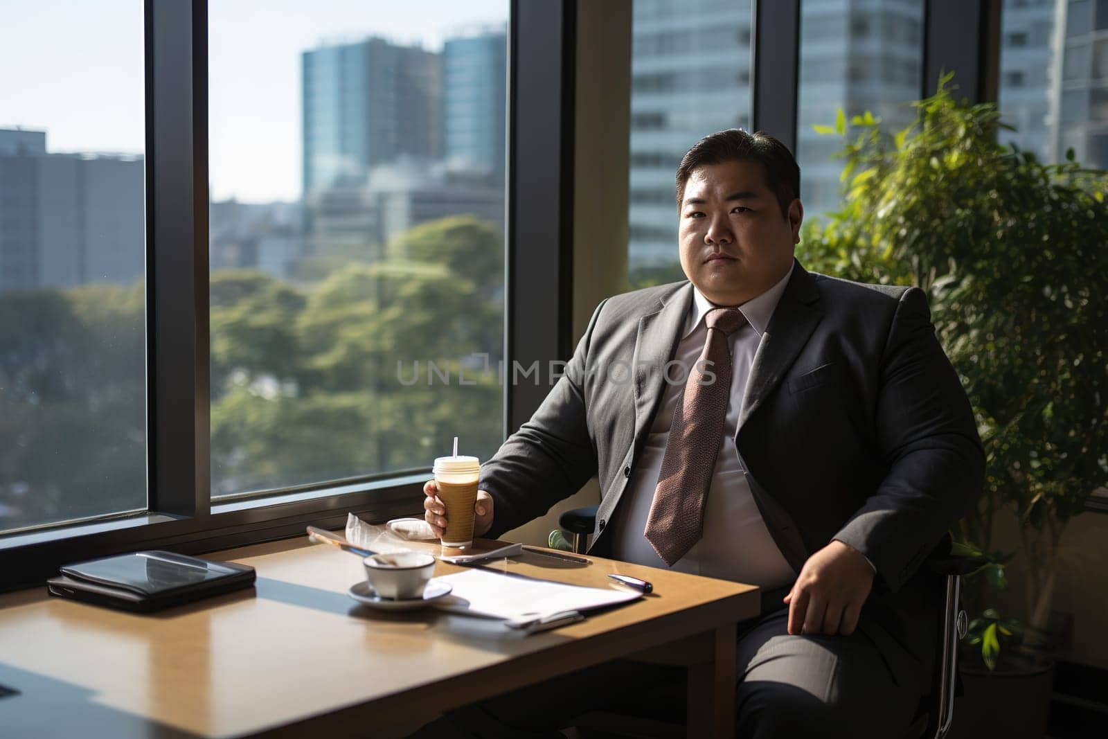 Portrait businessman big size body working in the office room.