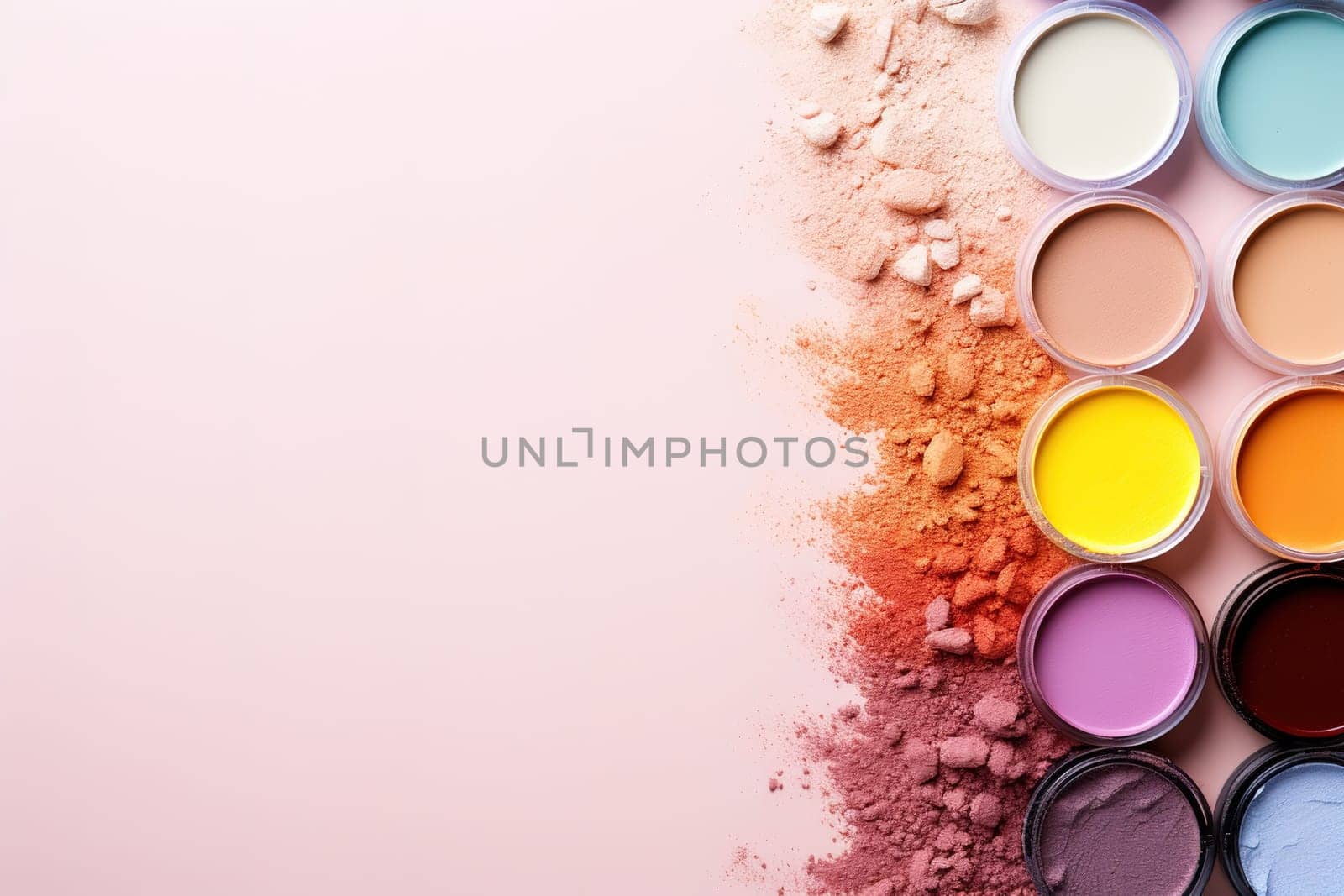 top view mockup cosmetic items with on copy-space pastel colored table