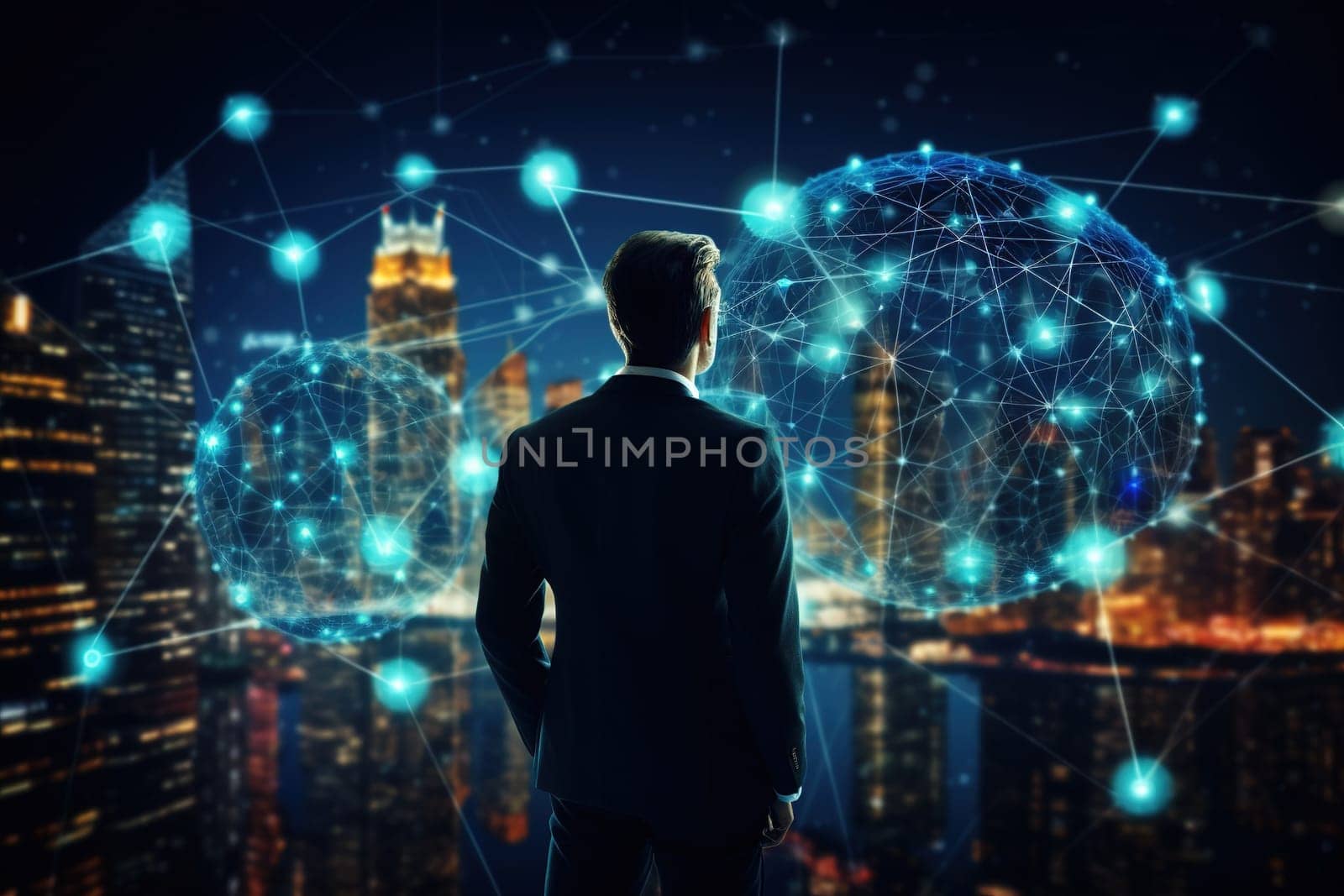 data network connect , Blockchain technology, futuristic global networking by Manastrong