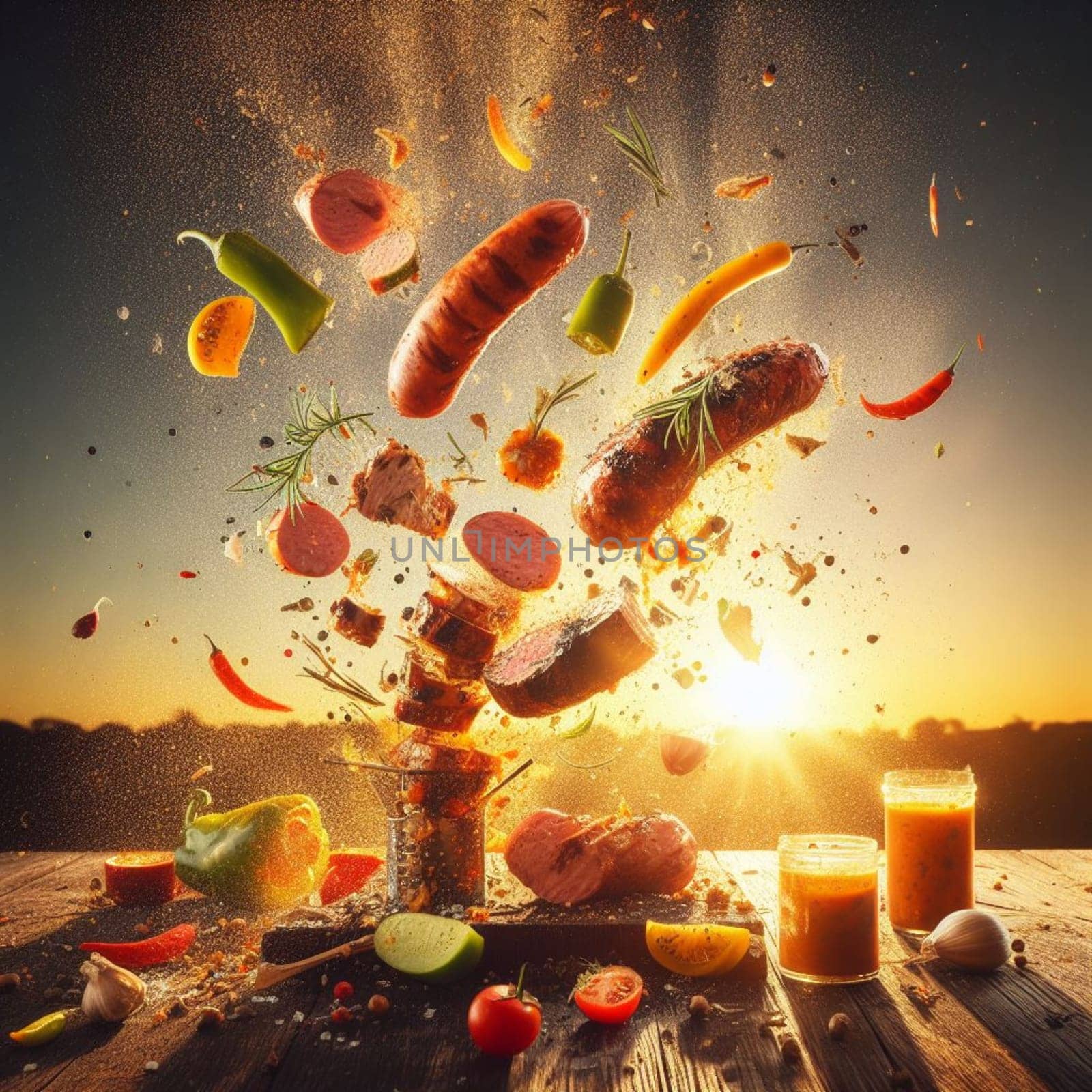 meat barbacue flying pieces of meat and veggies , splahing sauces, sunset golden light by verbano