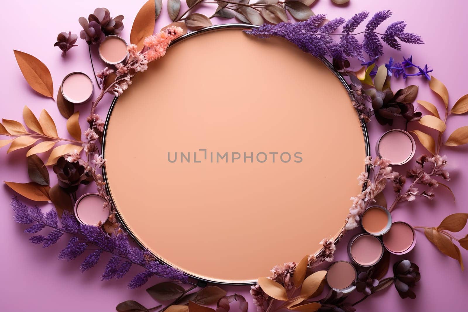 top view mockup cosmetic items with on copy-space pastel colored table. by Manastrong