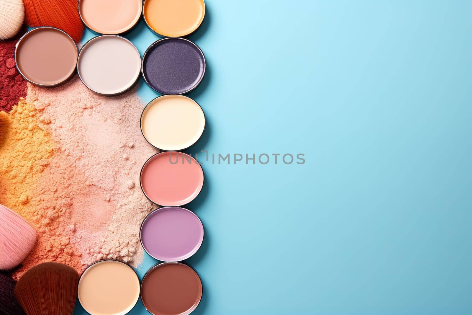 top view mockup cosmetic items with on copy-space pastel colored table. by Manastrong