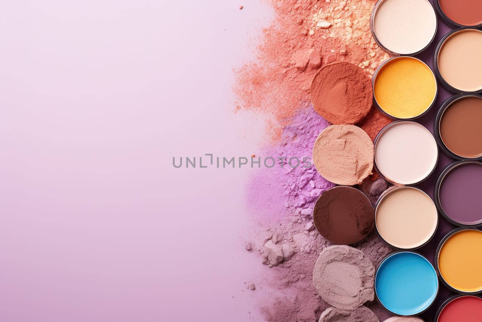 top view mockup cosmetic items with on copy-space pastel colored table. by Manastrong