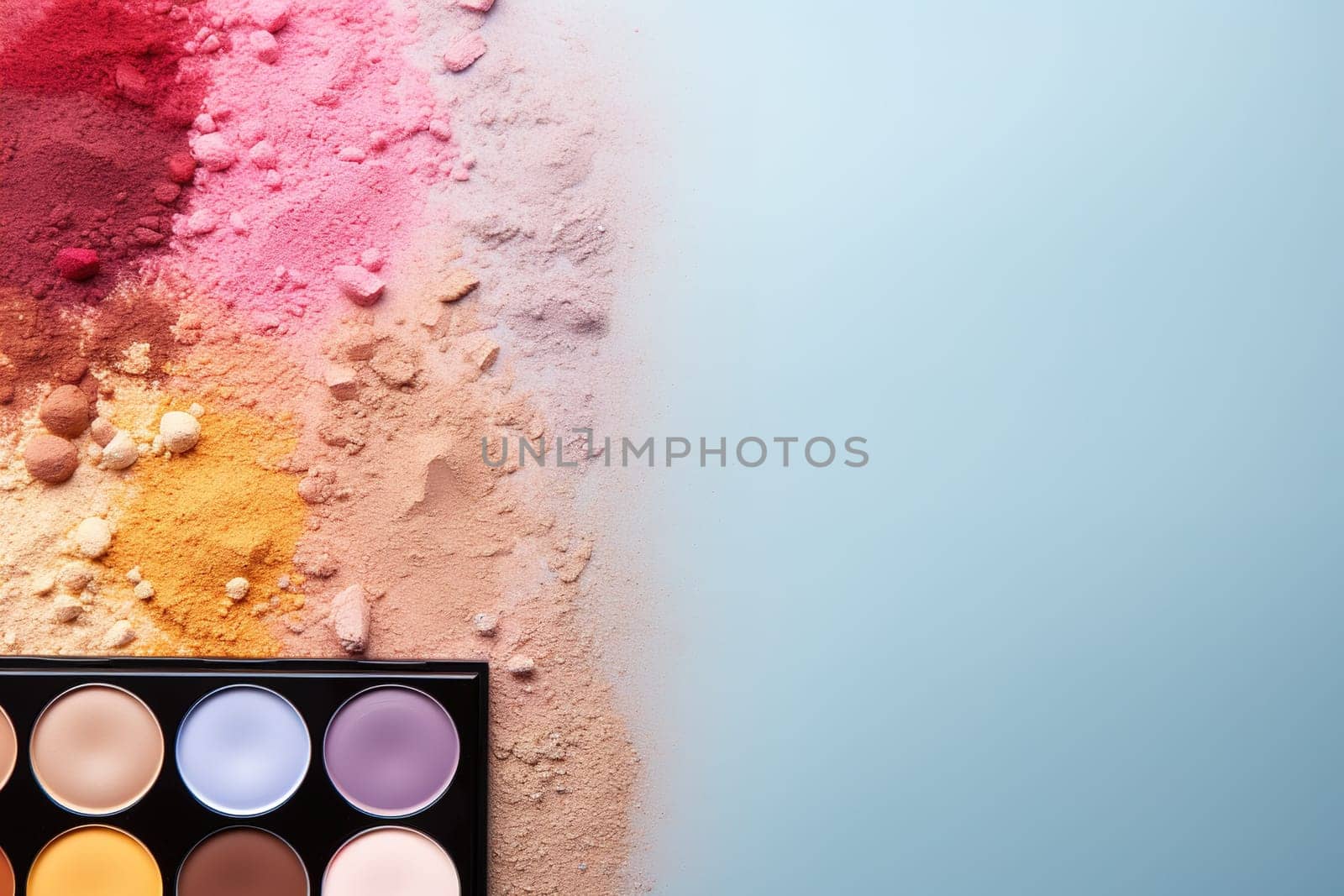 top view mockup cosmetic items with on copy-space pastel colored table