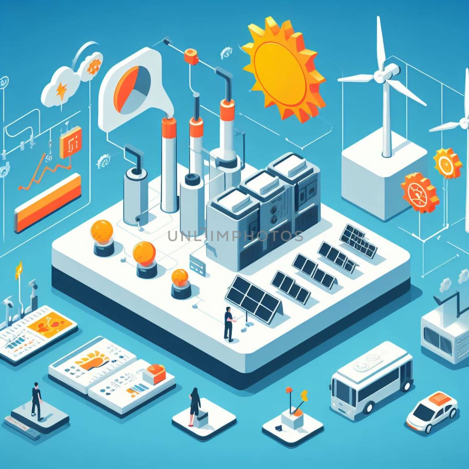 info graphic isometric depicting a set of clean energyy generation icons and situation for better future ai art