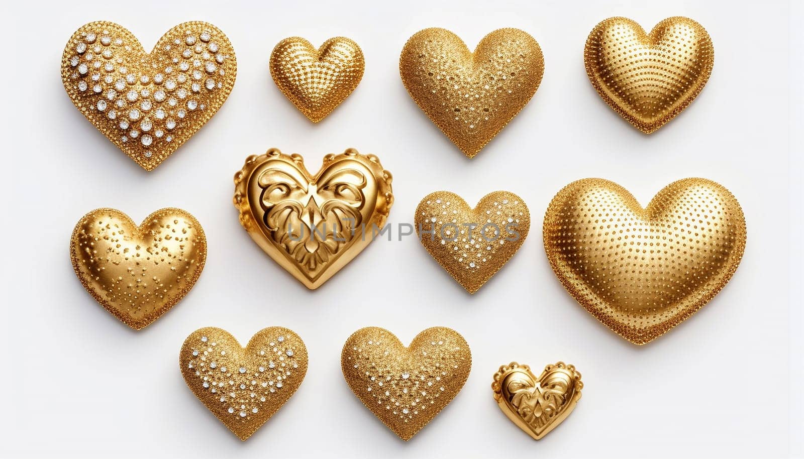 Golden realistic heart. 3D illustration of metal heart shaped. Golden glittering heart shape isolated on white background. Sparkling diamond by Annebel146