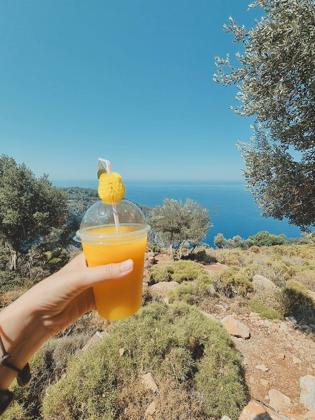 vertical photo, a woman's hand holds a glass of freshly squeezed orange juice in a glass with a straw against the backdrop of the sea and rocks. summer holiday concept