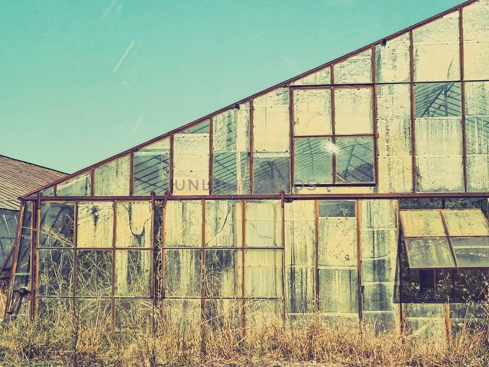 view of a broken, abandoned glass greenhouse. concept of problems and decline in the agricultural industry.