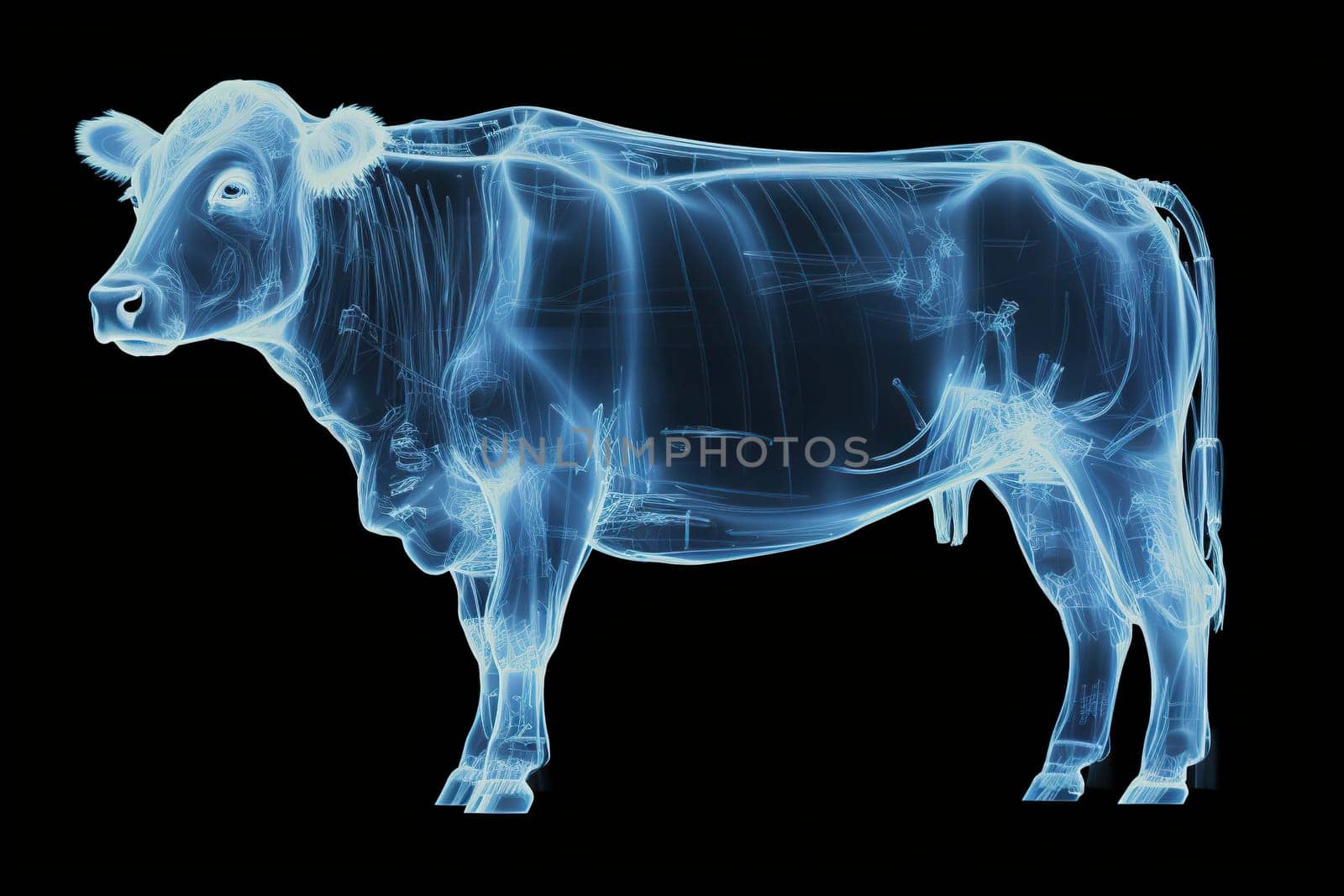 Cow in blue x-ray glow on a black background. X-ray of a cow.