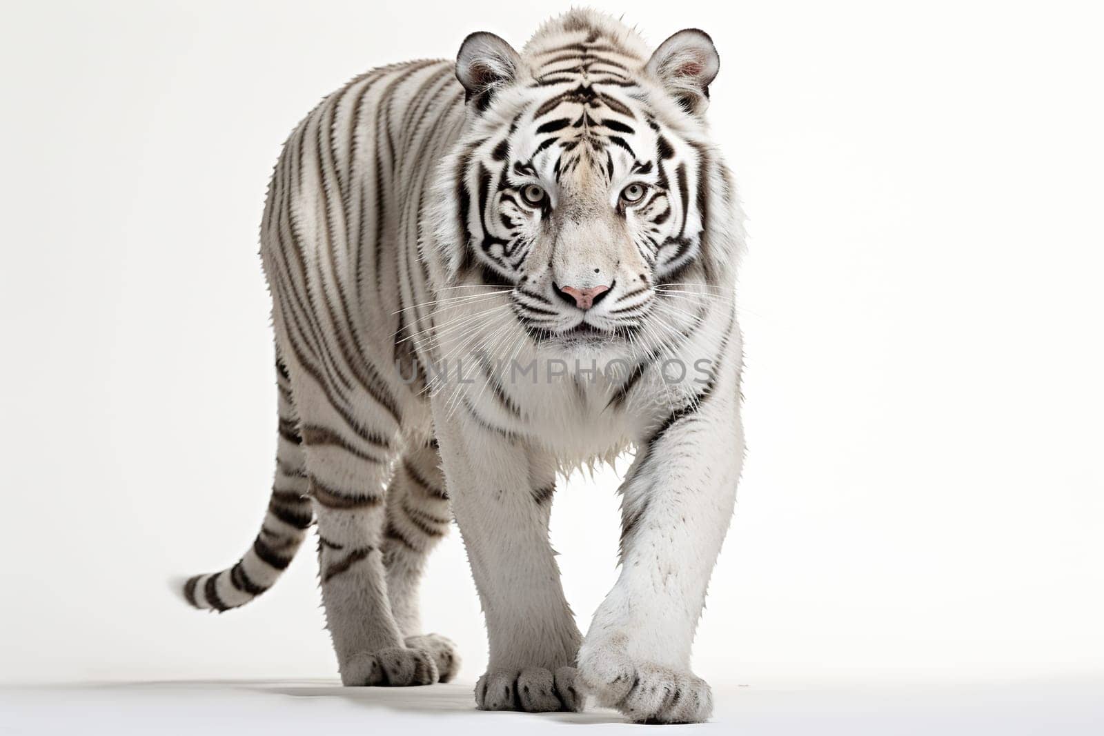 Adult white tiger with wet fur, isolated on a white background.