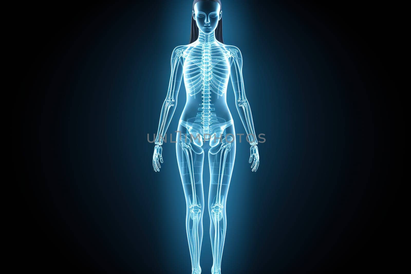Full body x-ray of a female robot against a dark background.