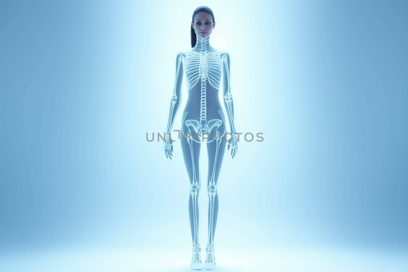 Full body x-ray of a female robot against a blue background.