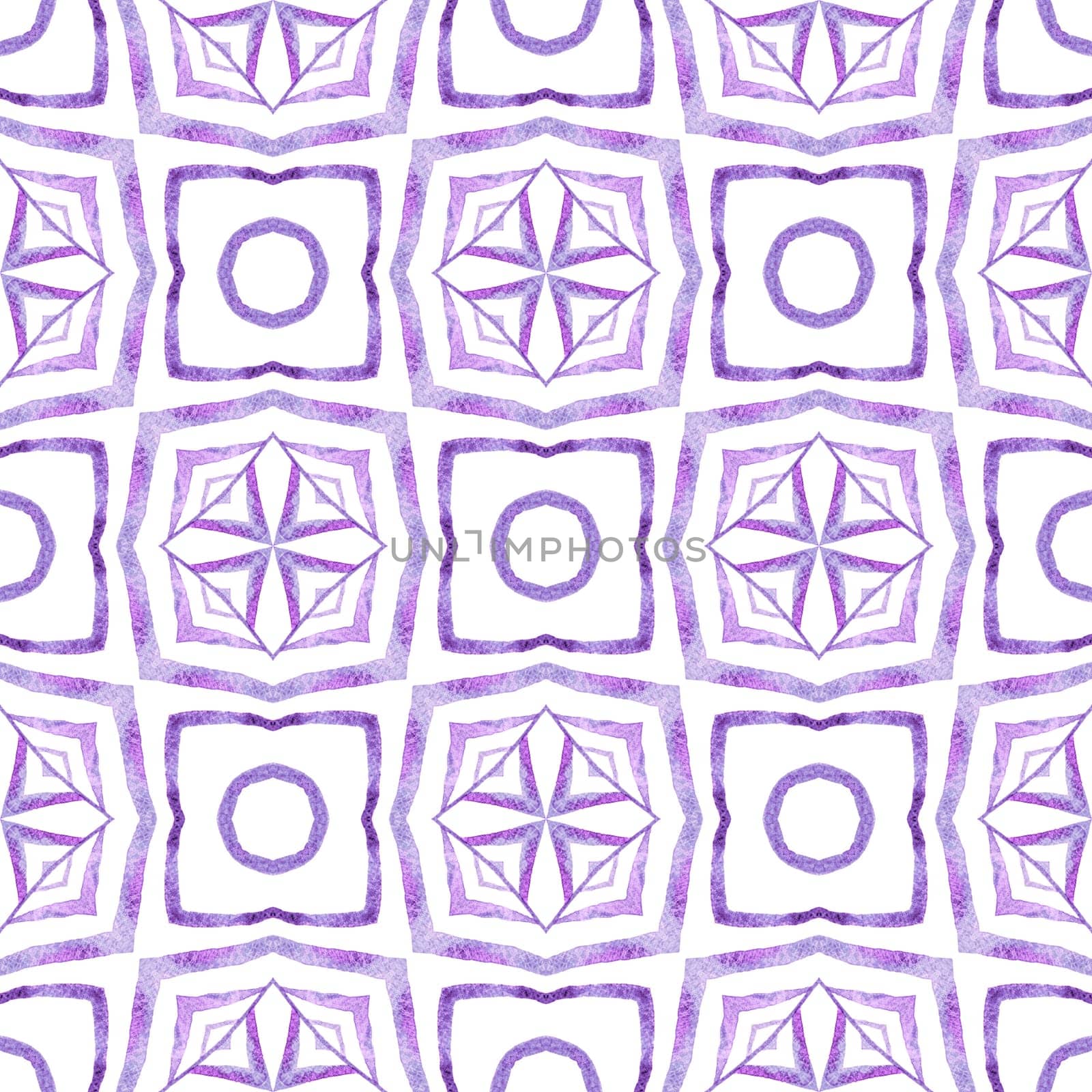 Watercolor medallion seamless border. Purple astonishing boho chic summer design. Medallion seamless pattern. Textile ready eminent print, swimwear fabric, wallpaper, wrapping.