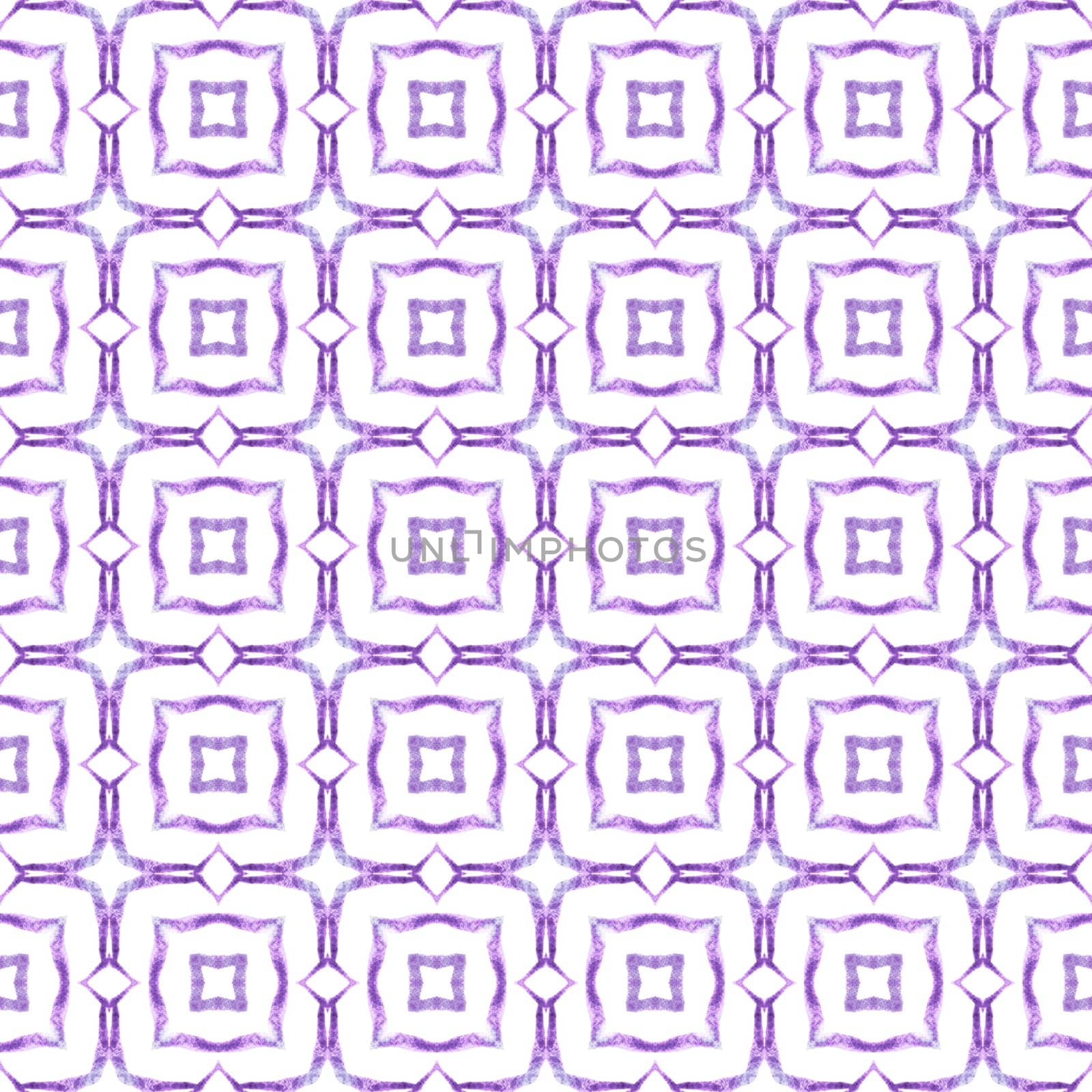 Textile ready stylish print, swimwear fabric, wallpaper, wrapping. Purple exotic boho chic summer design. Hand painted tiled watercolor border. Tiled watercolor background.