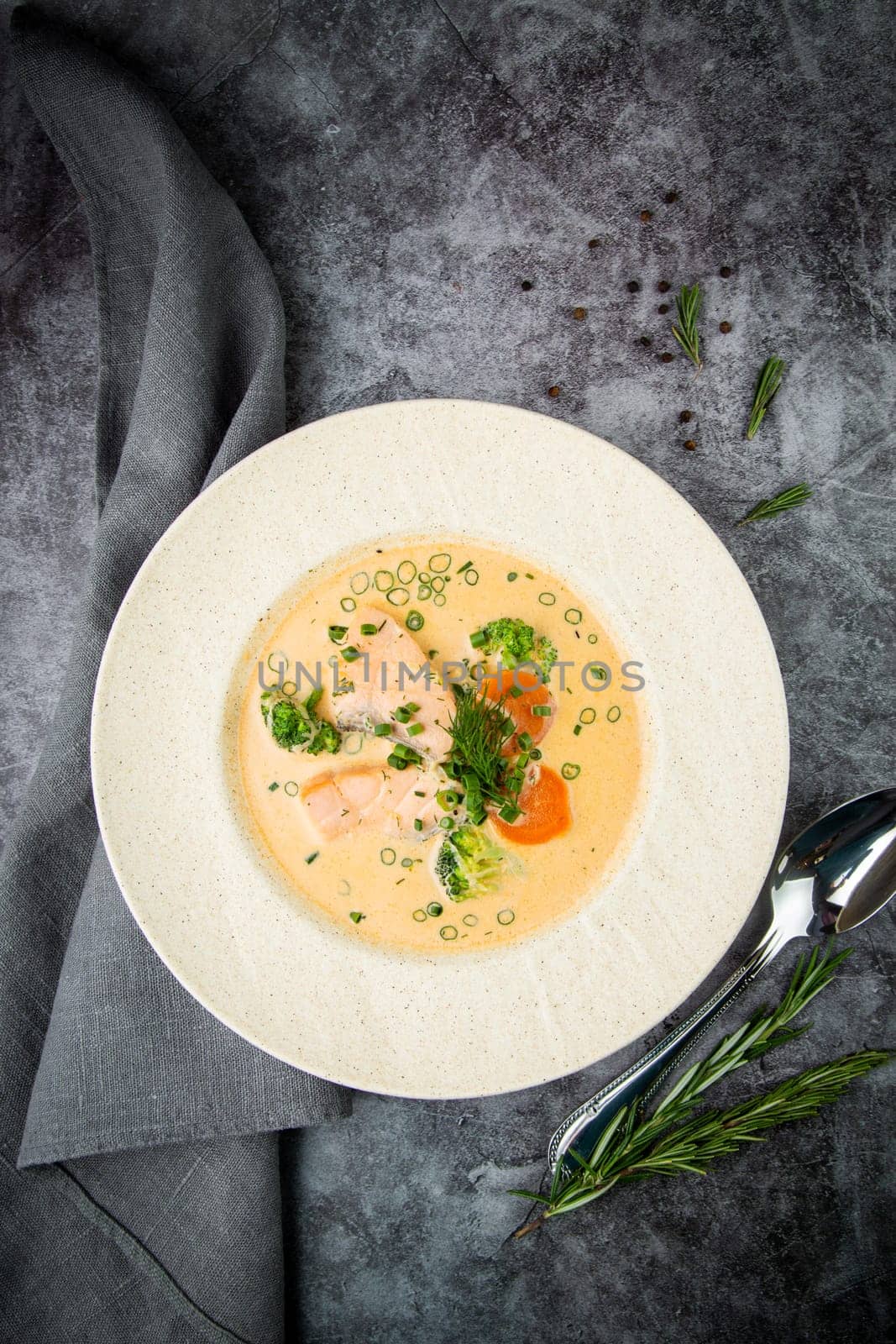 soup with fish, green onions and dill, top view by tewolf