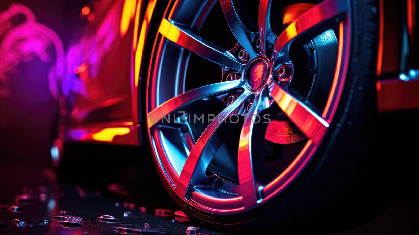 Sport car wheel with neon light. Car wheel close up. Neon background. AI
