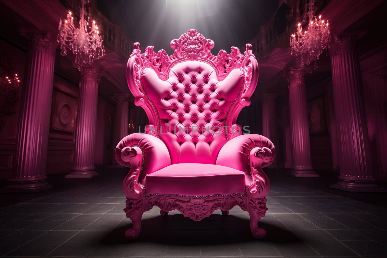 Majestic pink throne chair in a room with large columns. Generative AI by Vovmar