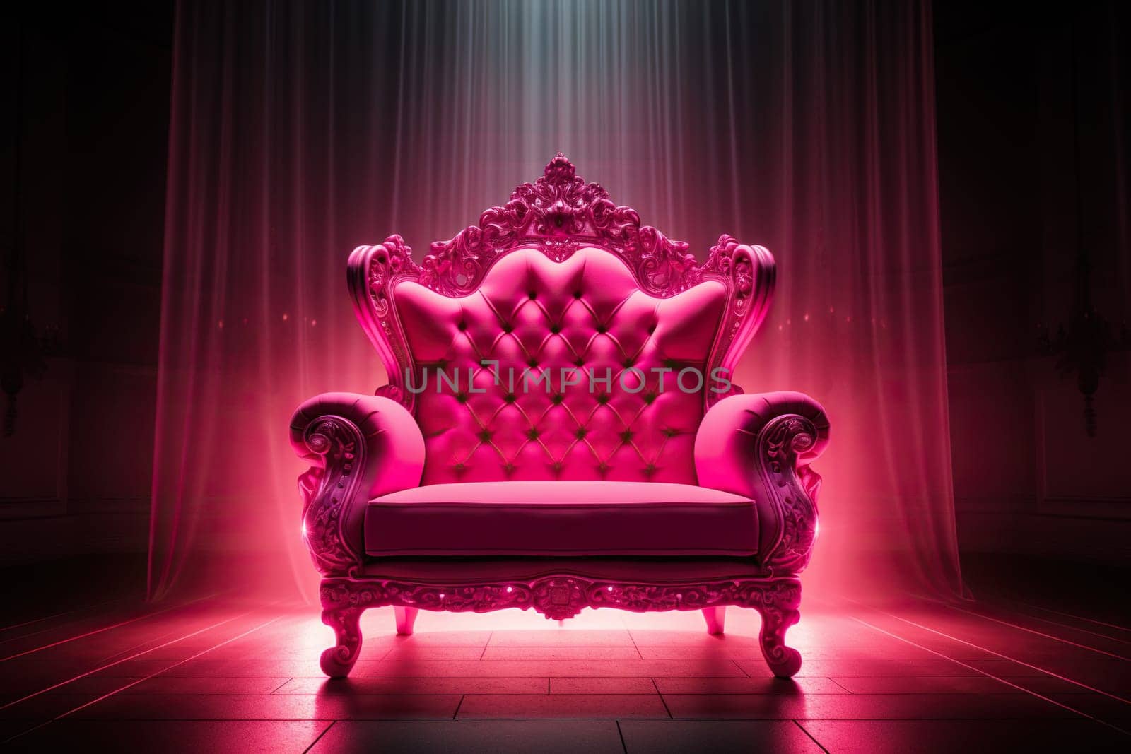 Luxurious pink chair with pink lighting and neon illumination in a spacious room. Generative AI by Vovmar