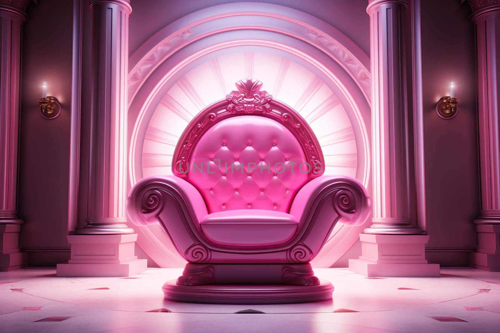 Luxurious pink chair with pink lighting and neon illumination in a spacious room.