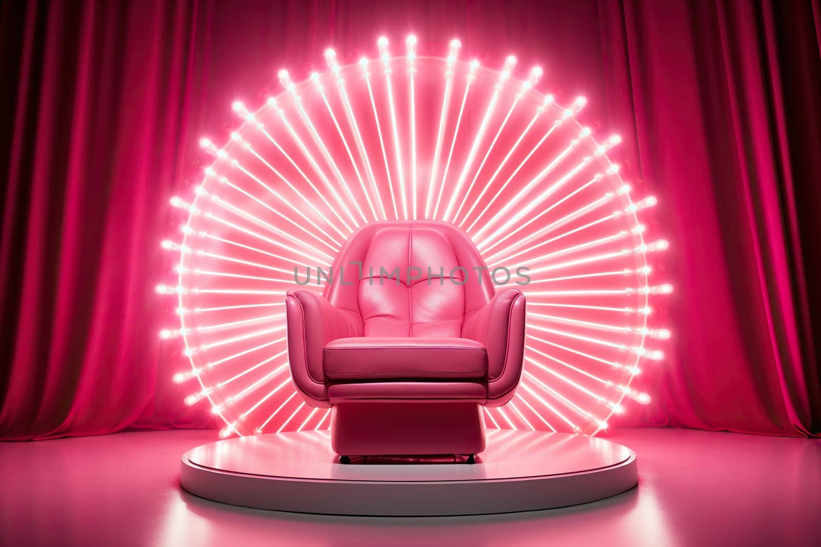 Pink leather chair on a podium with lighting.