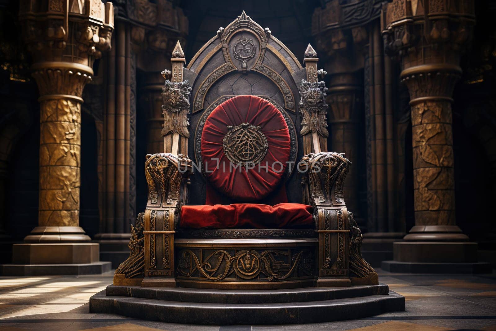 An antique style throne in a spacious hall with columns.