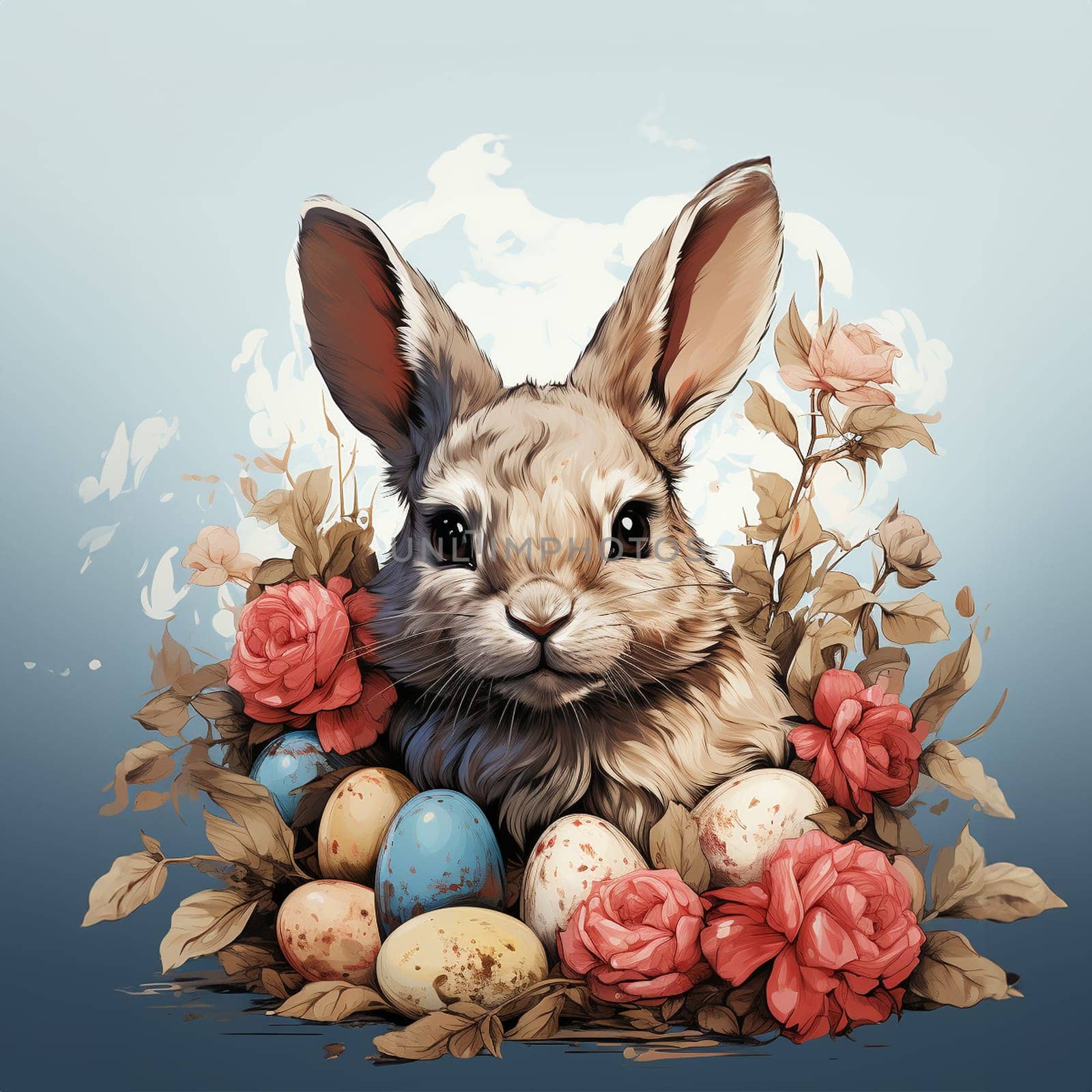 Happy easter! Easter bunny colorful spring flowers. cute classic illustrations of easter eggs in a field of flowers with Easter bunny, nest, bunnies and a festive frame with greeting text for a greeting card, poster or background Copy space