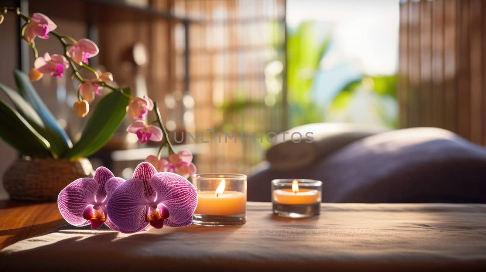 Thai massage spa objects, wellness and relaxation concept. Aromatherapy body care. Towel, burning candles, tropical flowers AI