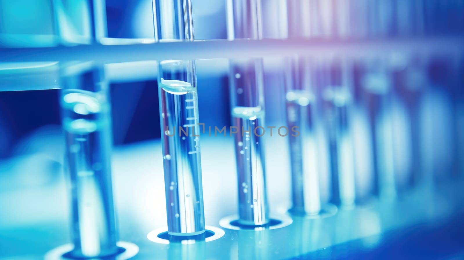 Glass test tubes with laboratory clear liquids. Test tube close up. Blurred blue background AI