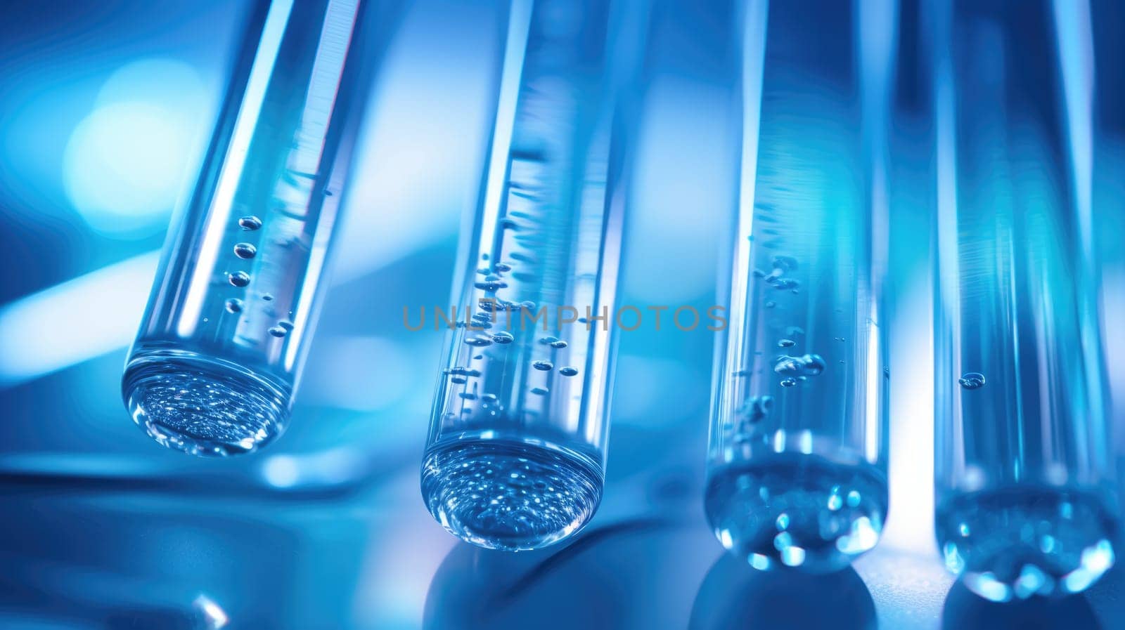 Glass test tubes with laboratory clear liquids. Test tube close up. Blurred blue background AI
