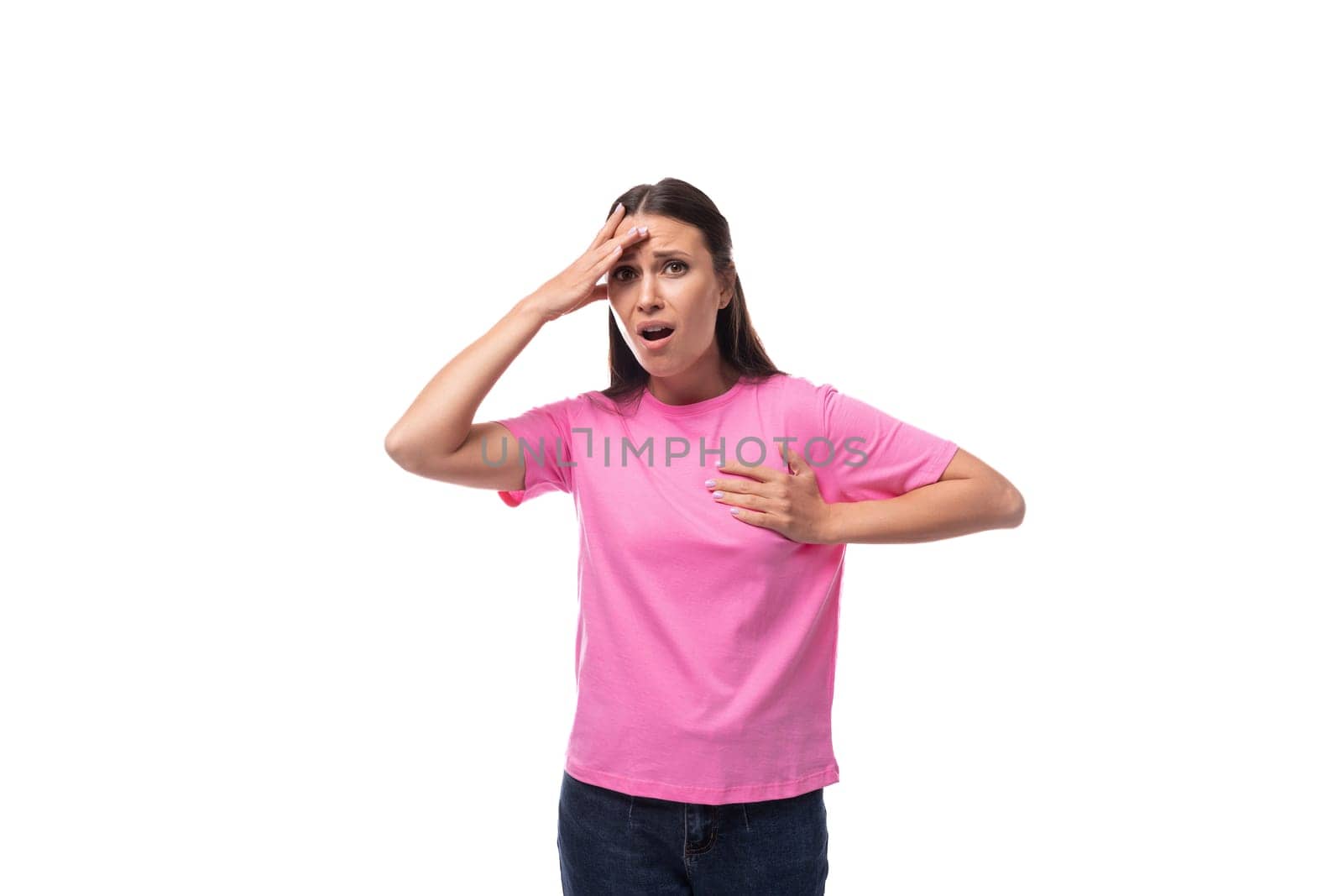 young slim woman dressed in pink t-shirt with print space.